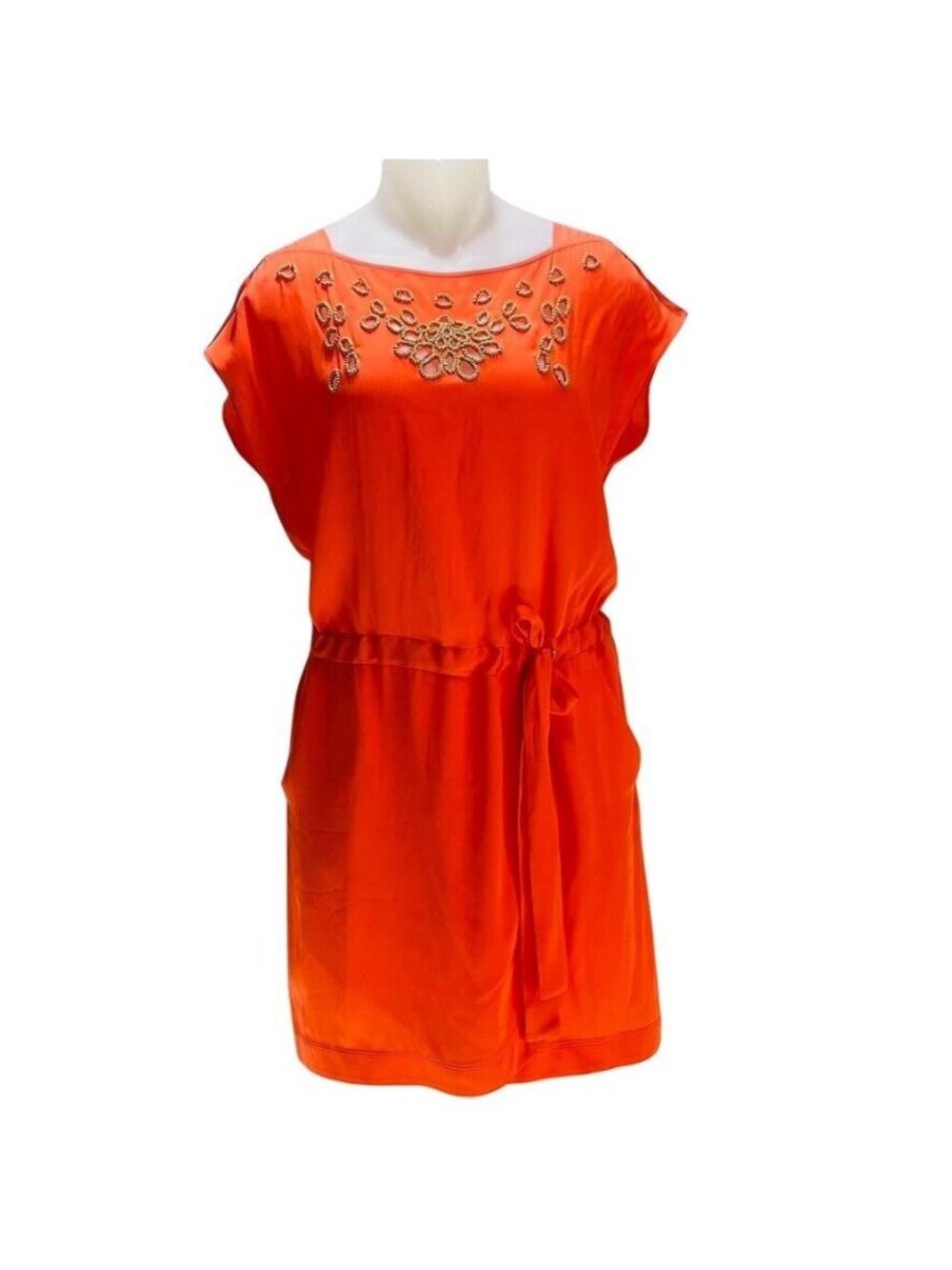 Ali Ro Orange Silk Dress With Embellished Neckline & Tie Waist Size 6
